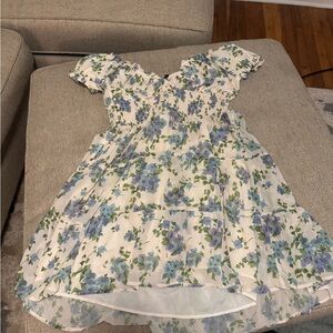 Girls White Floral Off-Shoulder Dress with Blue Flowers